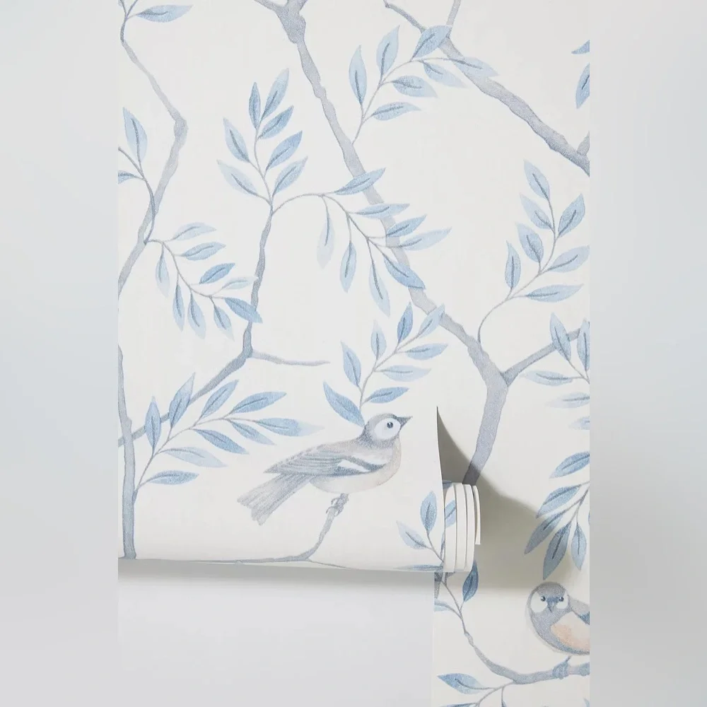 Anthropologie Morgongava Crossbill Light Blue Floral Bird Wallpaper NWT
